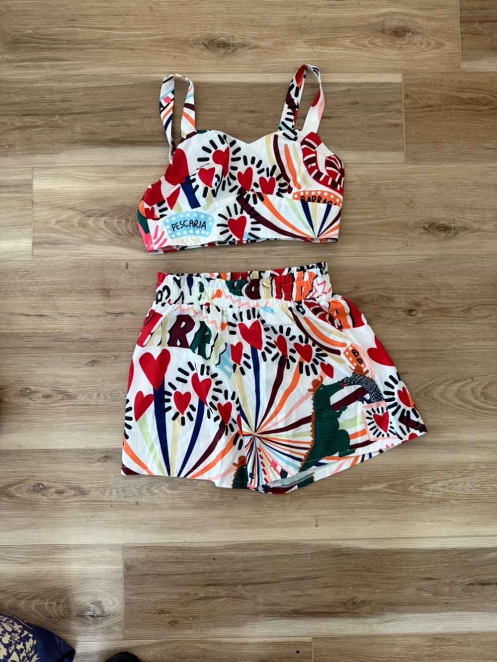 Colorful Heart & Fan Print Two-Piece Set